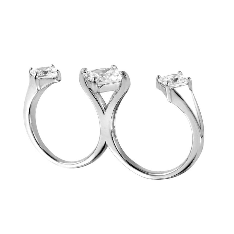 Silver 925 Rhodium Plated Two-Finger Open Ring with 3 CZ Accent Caps - BGR00984