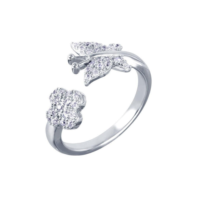 Silver 925 Rhodium Plated Butterfly and Flower Open Ring with CZ Accents - BGR00987 | Silver Palace Inc.