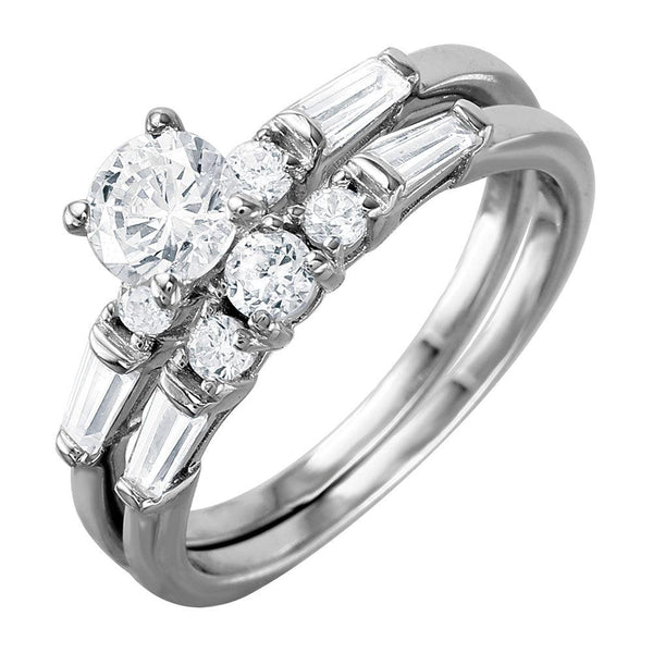 Silver 925 Rhodium Plated Bridal Ring with Baguette CZ Stones - BGR01002 | Silver Palace Inc.