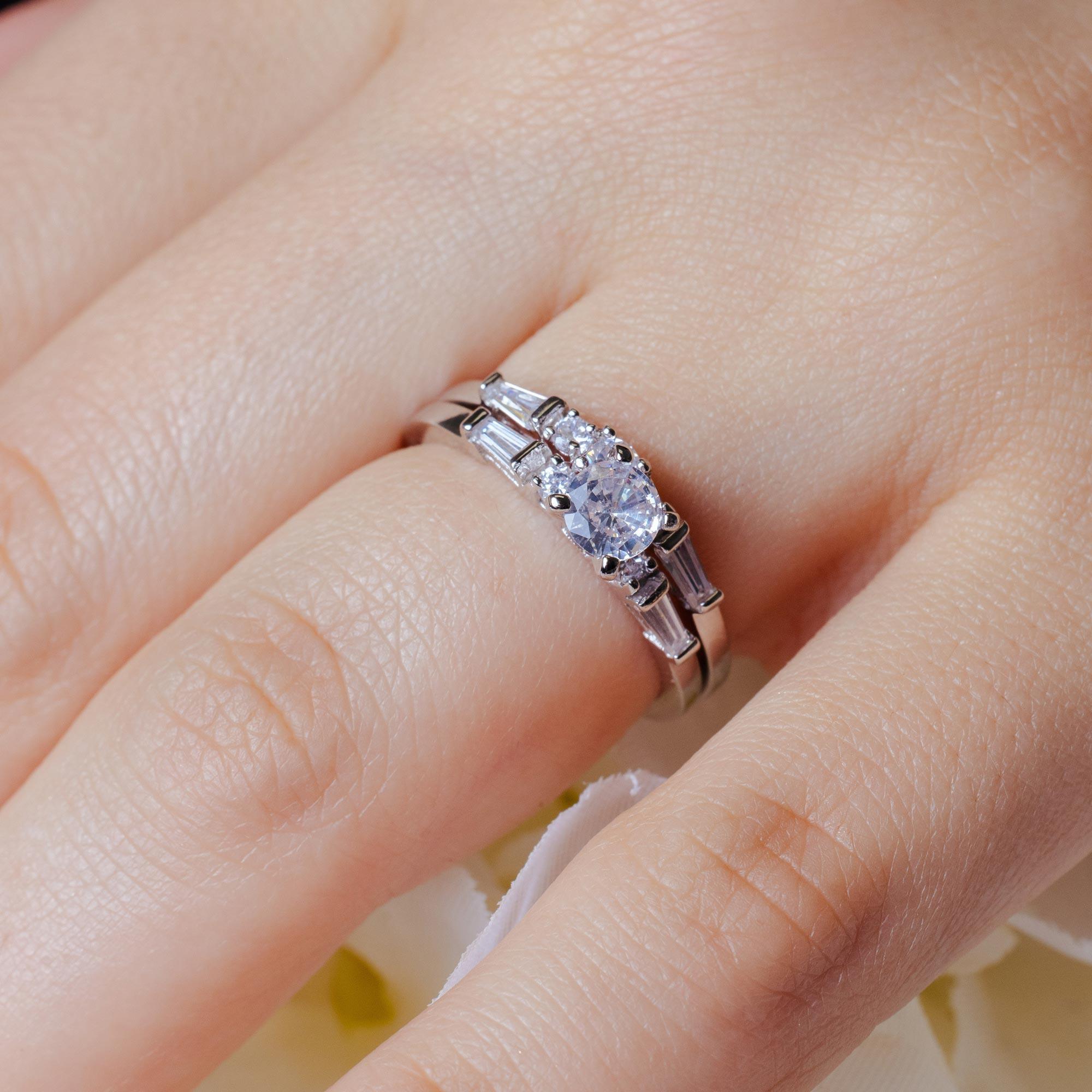 Silver 925 Rhodium Plated Bridal Ring with Baguette CZ Stones - BGR01002