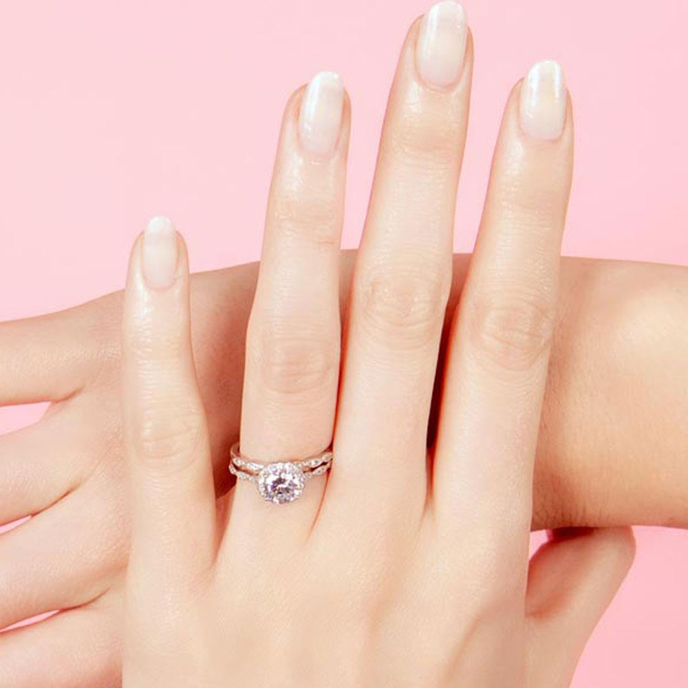 Anillo nupcial de plata 925 sin níquel chapado en rodio con halo redondo CZ - BGR01005