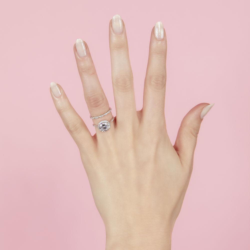 Anillo nupcial de plata 925 sin níquel chapado en rodio con halo redondo CZ - BGR01006