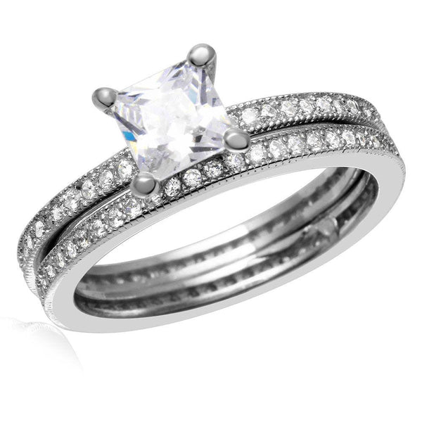 Silver 925 Rhodium Plated Center Square CZ Bridal Wedding Ring Set - BGR01007 | Silver Palace Inc.