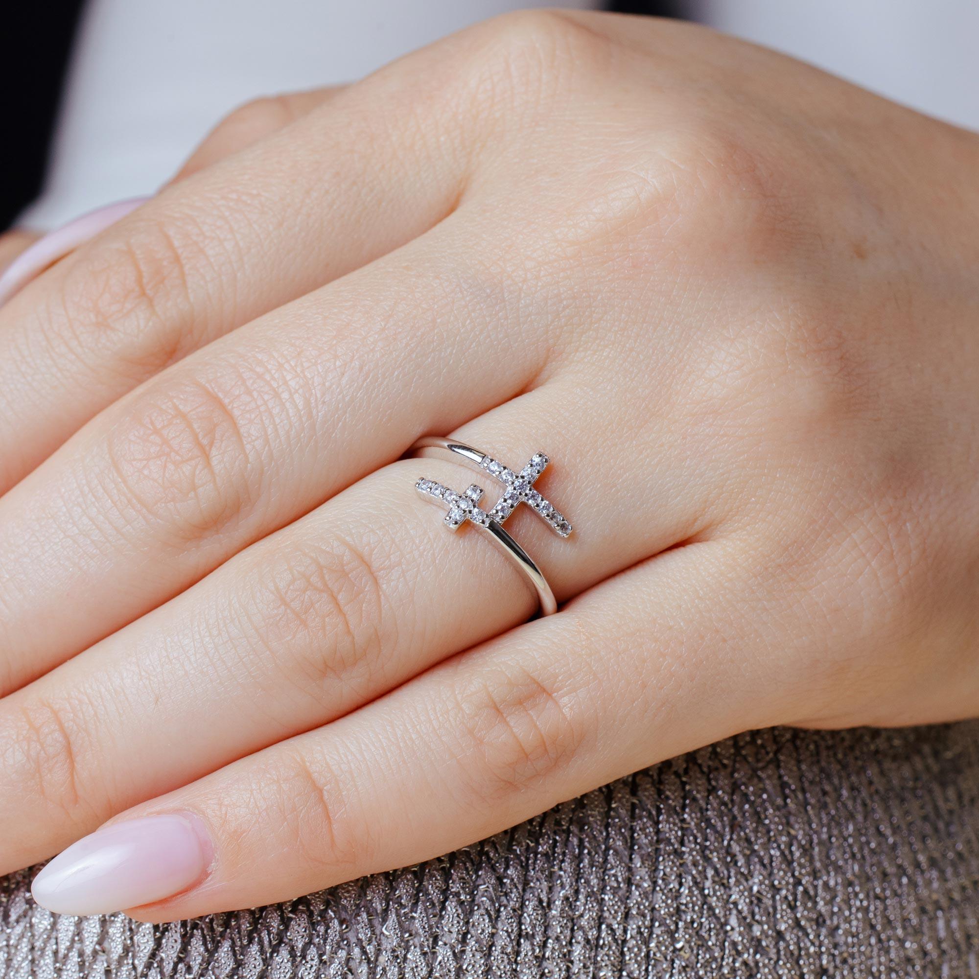 Silver 925 Rhodium Plated Double CZ Cross Ring - BGR01013