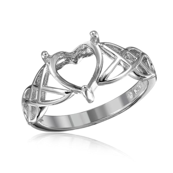 Silver 925 Rhodium Plated Criss Cross Designed Shank Heart Mounting Ring - BGR01016 | Silver Palace Inc.