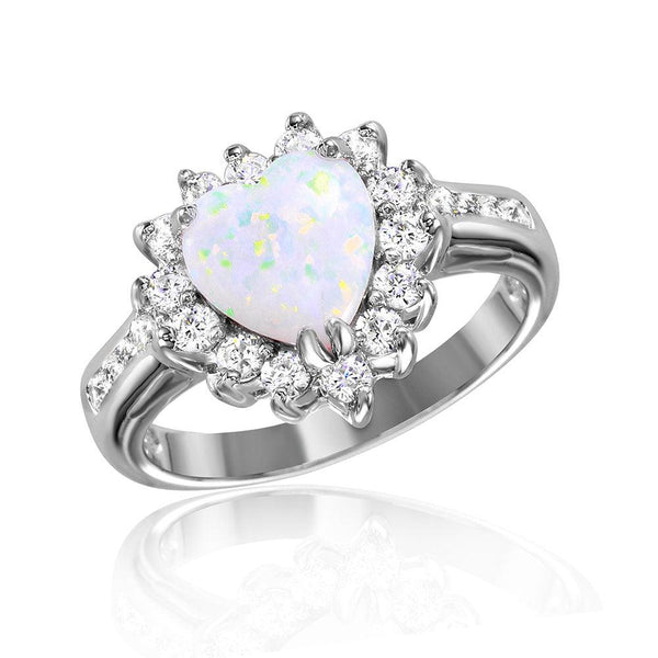 Silver 925 Rhodium Plated Halo Heart with Synthetic Opal Center Stone Ring - BGR01026 | Silver Palace Inc.