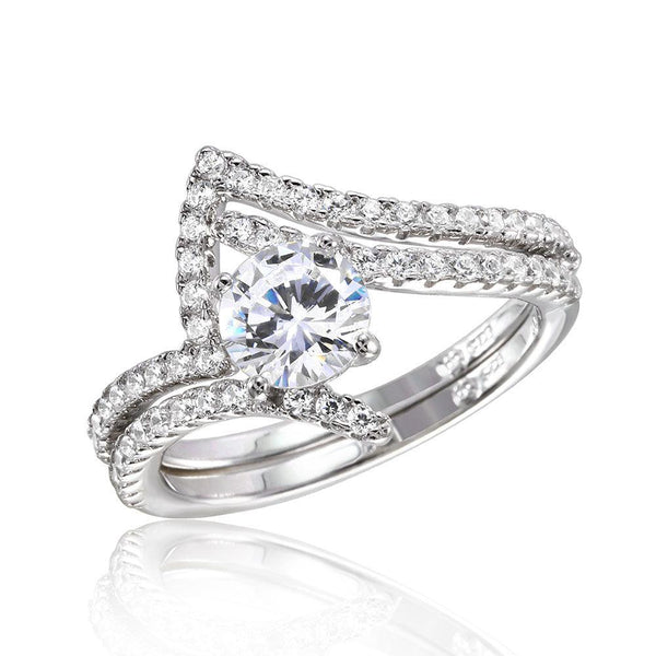 Silver 925 Rhodium Plated 2 Pcs Wedding Ring with 6MM Center CZ - BGR01031 | Silver Palace Inc.