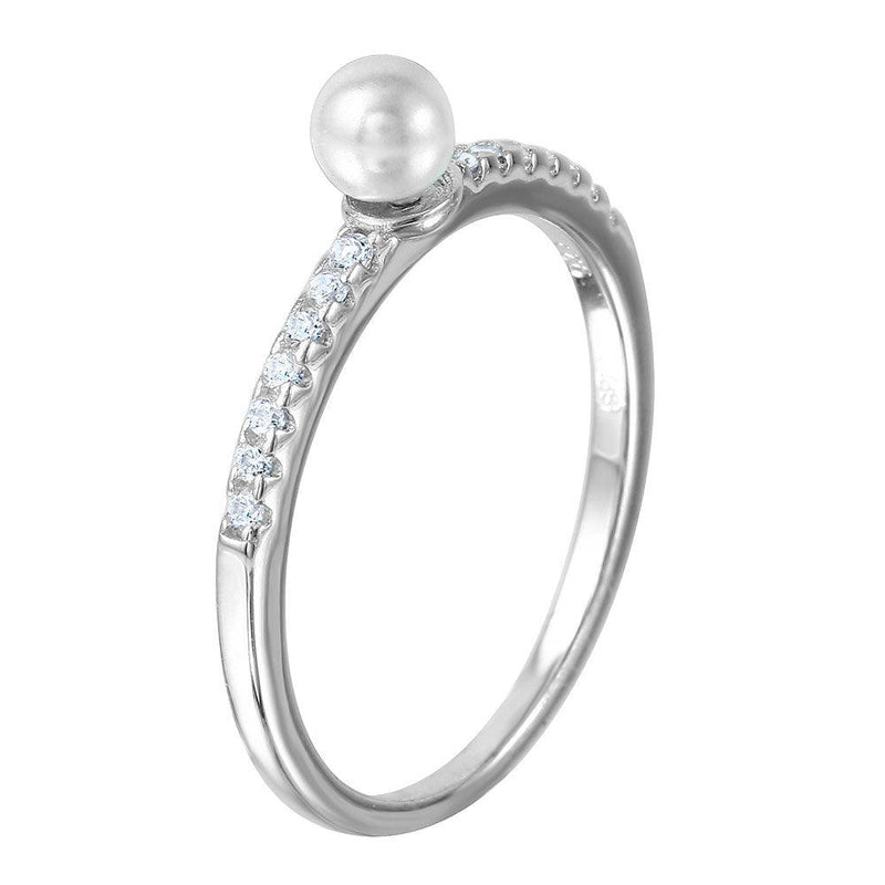 Silver 925 Rhodium Plated Synthetic Center Pearl Ring with Cubic Zirconia Stones - BGR01037