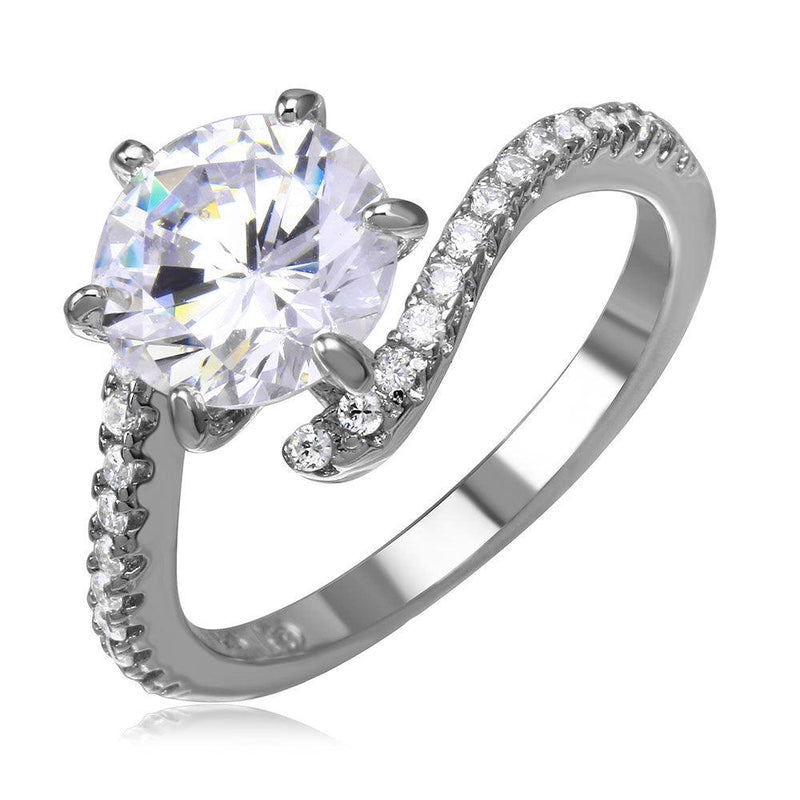 Silver 925 Rhodium Plated CZ Center Round Ring with Parallel Cubic Zirconia Stones - BGR01039 | Silver Palace Inc.