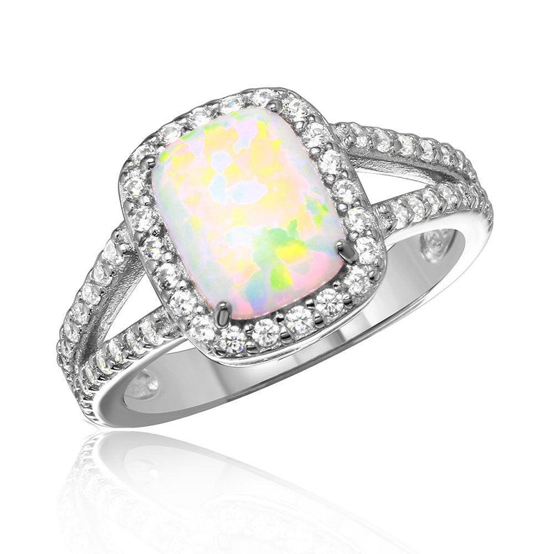 Silver 925 Rhodium Plated Halo Ring with Synthetic Baguette Opal and CZ - BGR01041 | Silver Palace Inc.