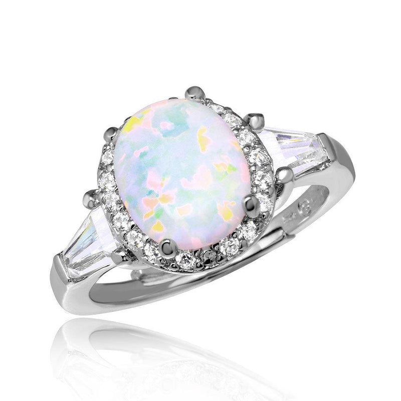 Silver 925 Rhodium Plated Halo Ring with Synthetic Oval Opal and CZ - BGR01042 | Silver Palace Inc.