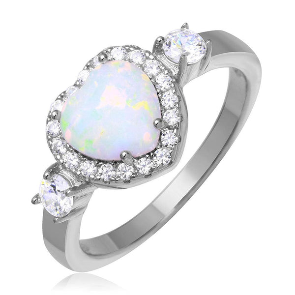 Silver 925 Rhodium Plated Halo Heart Ring with Synthetic Opal and CZ - BGR01043 | Silver Palace Inc.
