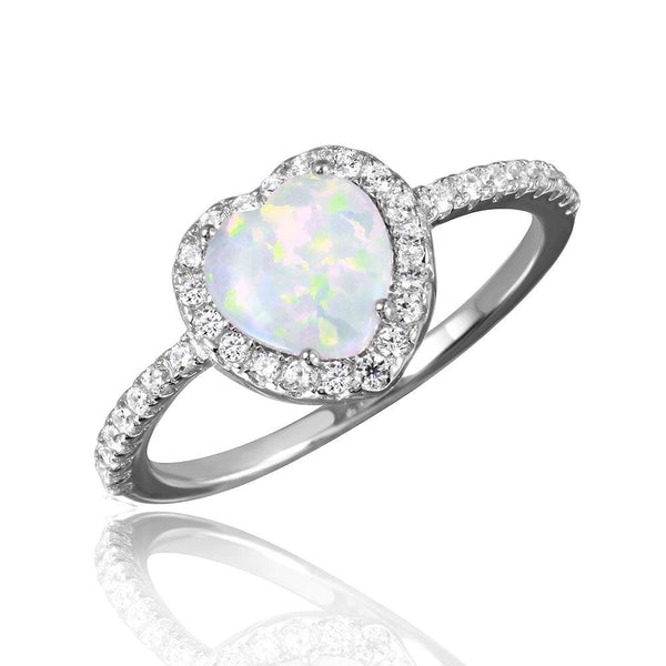 Silver 925 Rhodium Plated Halo Heart Ring with Synthetic Opal and CZ - BGR01046 | Silver Palace Inc.