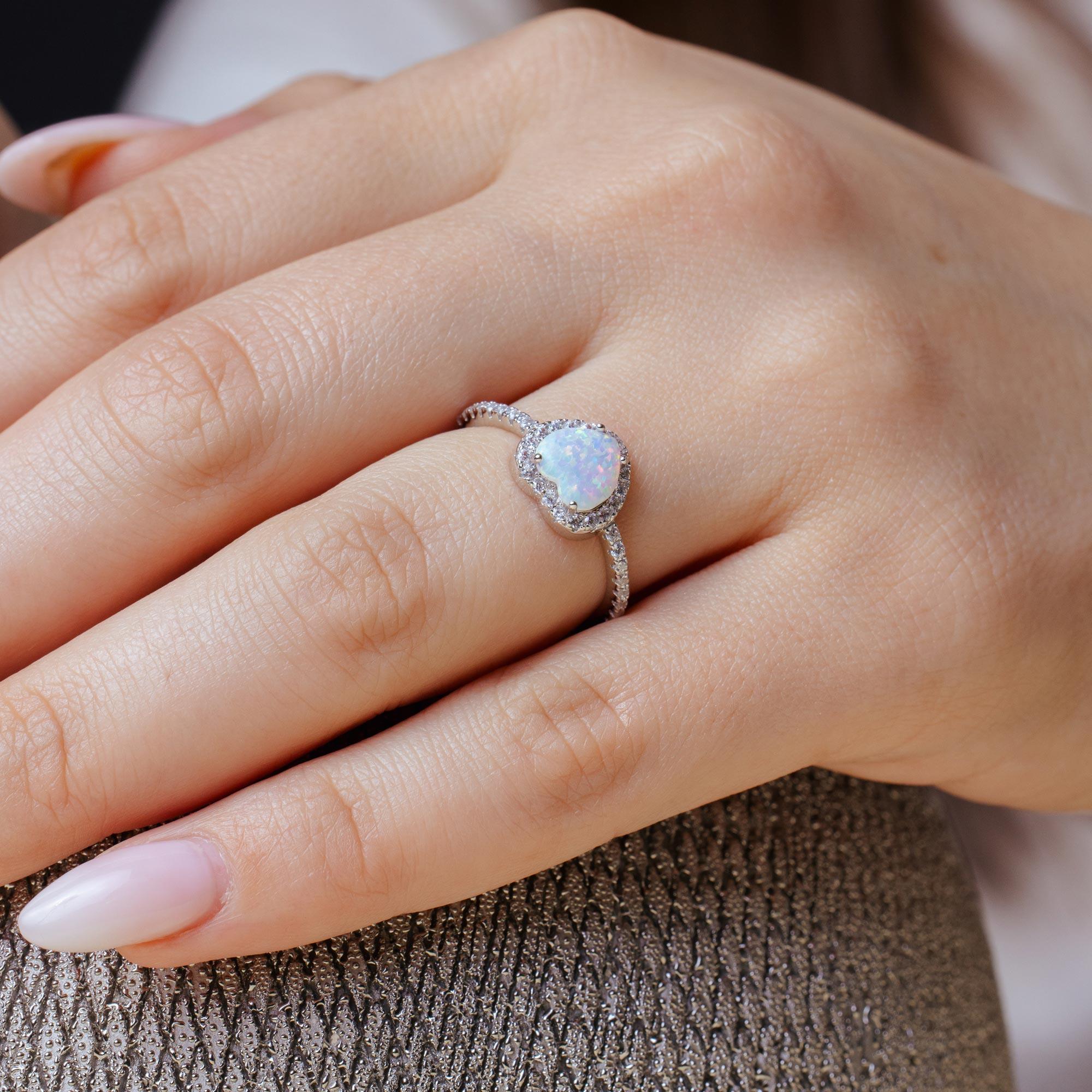 Silver 925 Rhodium Plated Halo Heart Ring with Synthetic Opal and CZ - BGR01046