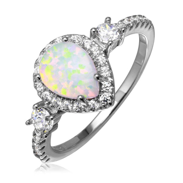 Silver 925 Rhodium Plated Halo Pear Ring with Synthetic Opal and CZ - BGR01047 | Silver Palace Inc.