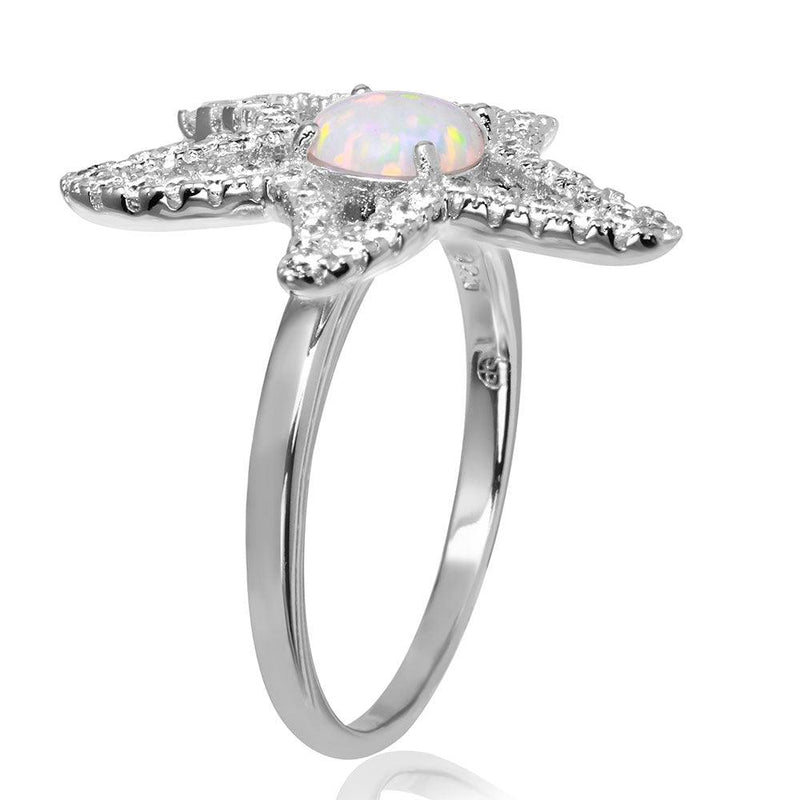 Silver 925 Rhodium Plated Open Starfish Ring with Synthetic Opal and CZ - BGR01048
