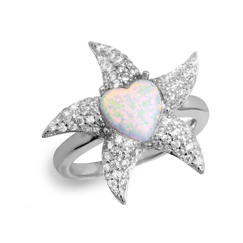 Silver 925 Rhodium Plated Starfish Ring with Synthetic Opal and CZ - BGR01049 | Silver Palace Inc.