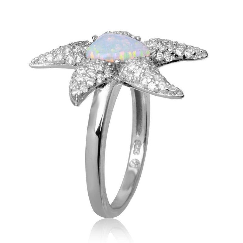 Silver 925 Rhodium Plated Starfish Ring with Synthetic Opal and CZ - BGR01049