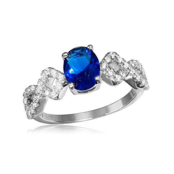 Silver 925 Rhodium Plated Sapphire Center Stone Ring with CZ Shank - BGR01053 | Silver Palace Inc.