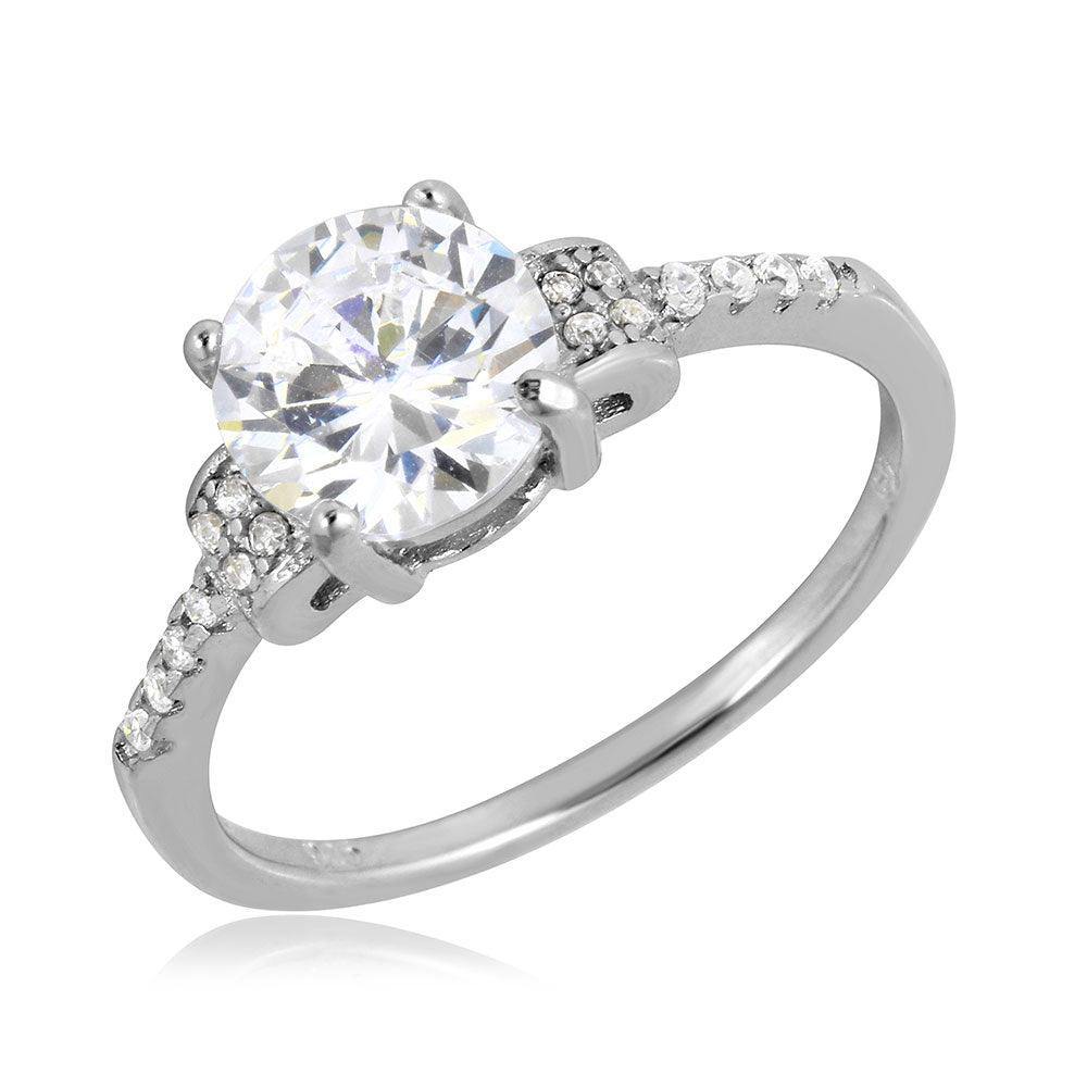 Silver 925 Rhodium Plated Micro Pave Shank Round Center Stone Ring - BGR01070 | Silver Palace Inc.