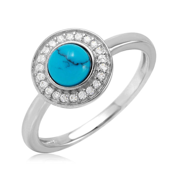 Silver 925 Rhodium Plated Turquoise Center Halo CZ Ring - BGR01076 | Silver Palace Inc.