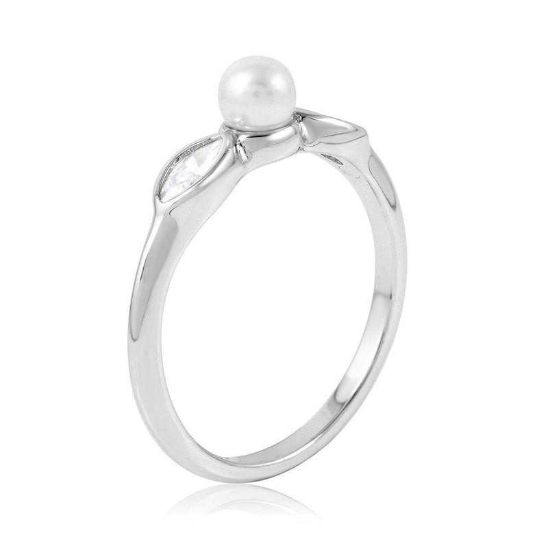 Silver 925 Rhodium Plated Cats Eye CZ Synthetic Pearl Center Stone Ring - BGR01078