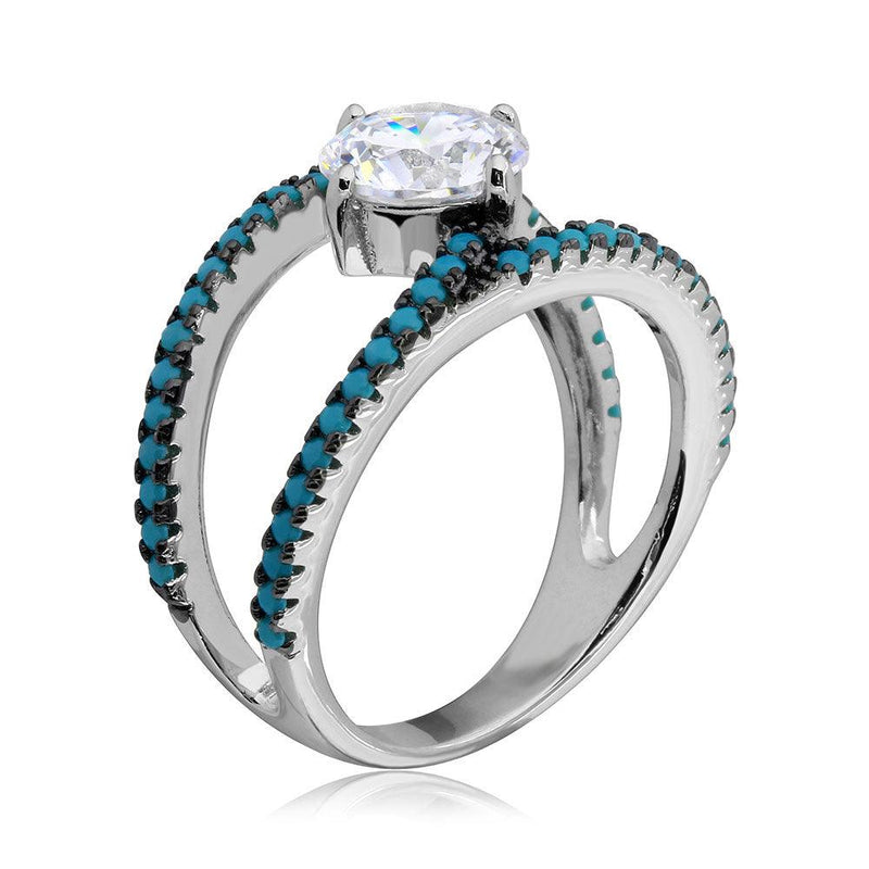 Rhodium Plated 925 Sterling Silver Open Shank Turquoise and CZ Stone Ring - BGR01084