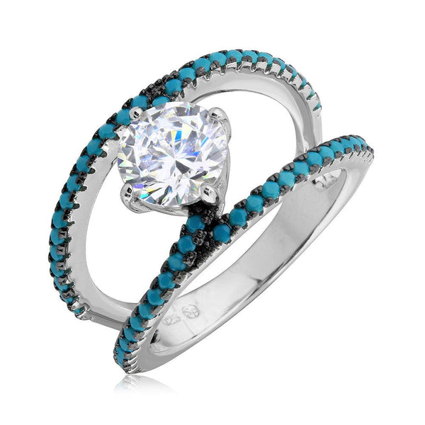 Silver 925 Rhodium Plated Open Shank Turquoise and CZ Stone Ring - BGR01084 | Silver Palace Inc.