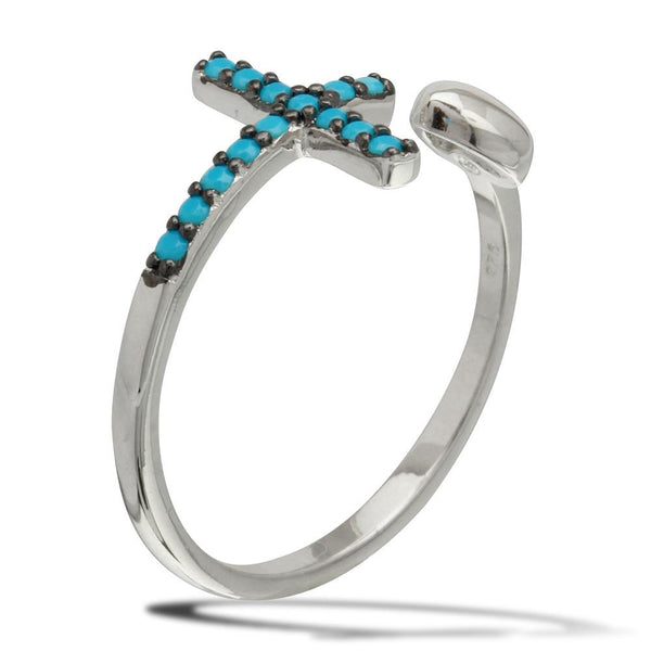 Silver 925 Rhodium Plated Heart and Cross Open Ring with Turquoise Beads - BGR01086 | Silver Palace Inc.