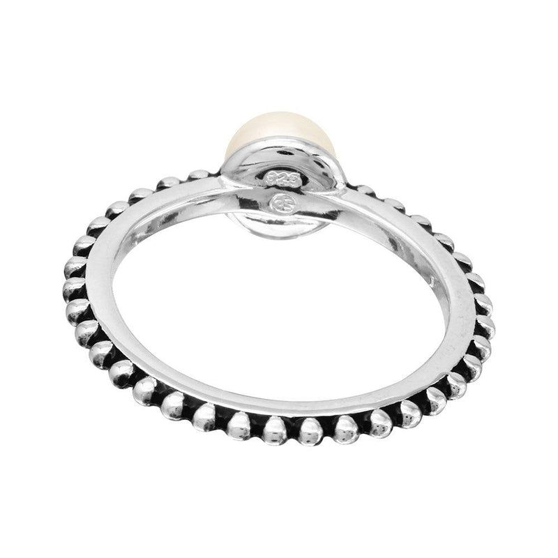 Rhodium Plated 925 Sterling Silver Beaded Shank Fresh Water Center Pearl Ring - BGR01092