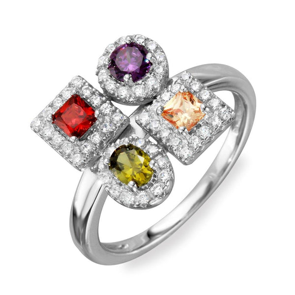 Silver 925 Rhodium Plated Multi Color 4 Design Ring - BGR01101 | Silver Palace Inc.