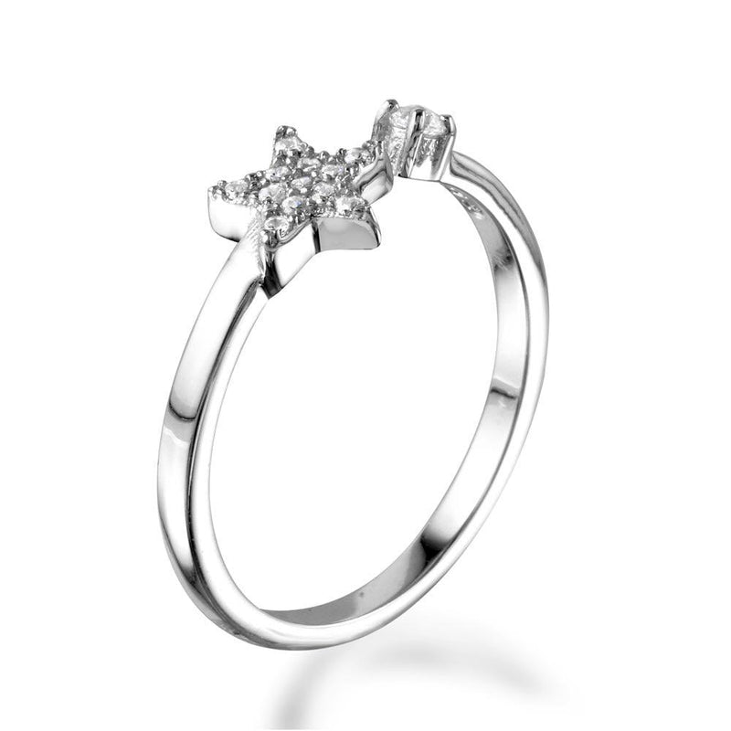 Rhodium Plated 925 Sterling Silver Open Star Ring with CZ - BGR01103