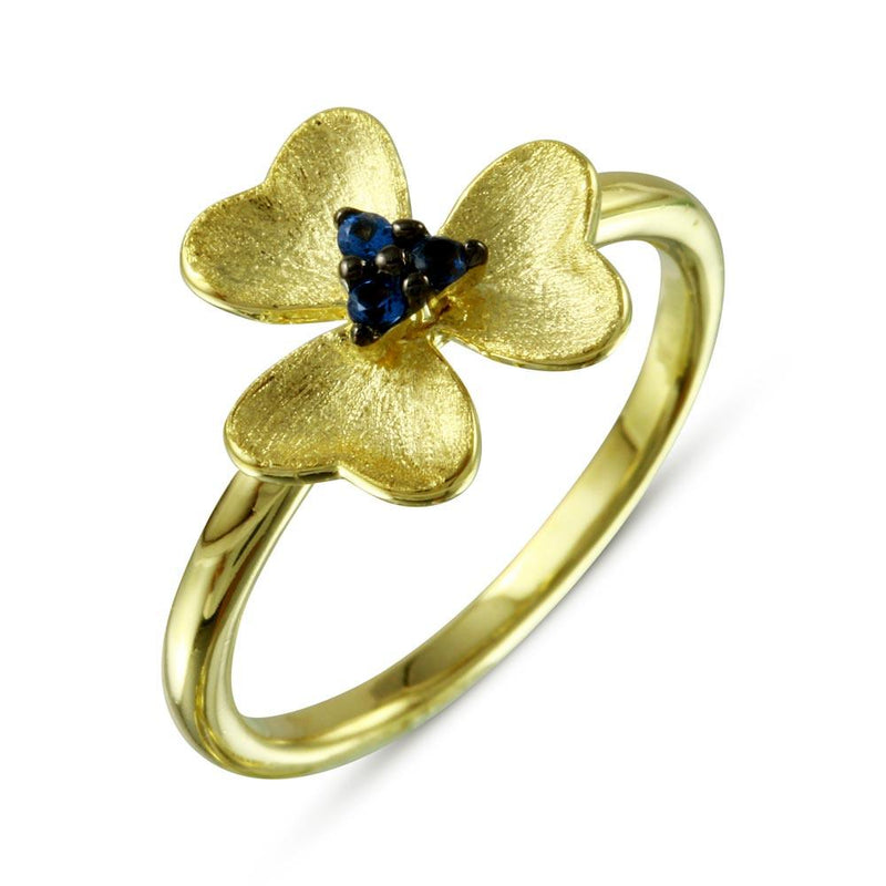Silver 925 Gold Plated and Matte Finish Flower Ring with Blue CZ - BGR01110 | Silver Palace Inc.