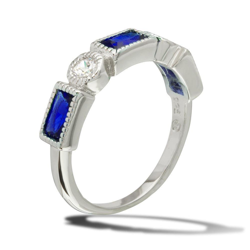 Silver 925 Rhodium Plated Alternating Blue Rectangle and Clear Round CZ Ring - BGR01111BLU