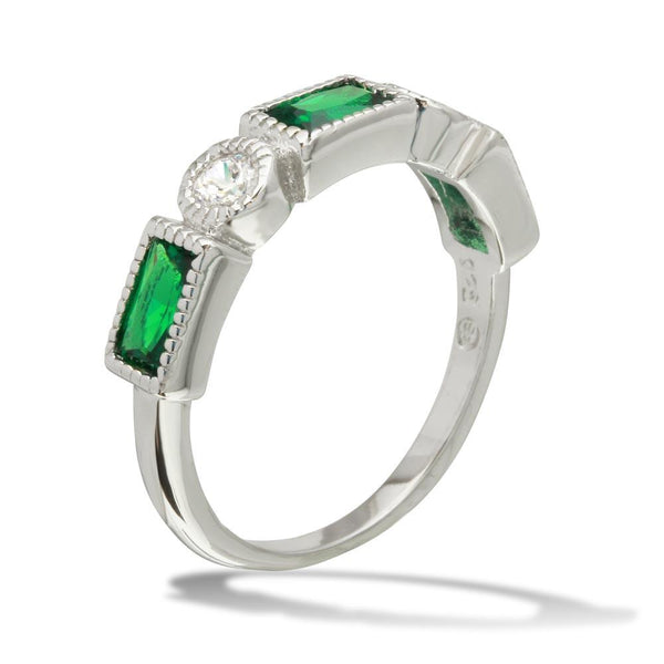 Silver 925 Rhodium Plated Alternating Green Rectangle and Clear Round CZ Ring - BGR01111GRN | Silver Palace Inc.