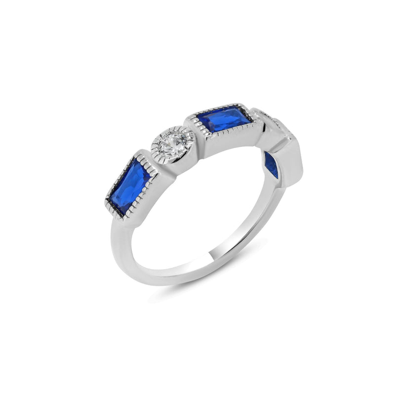 Silver 925 Rhodium Plated Alternating Blue Rectangle and Clear Round CZ Ring - BGR01111BLU | Silver Palace Inc.