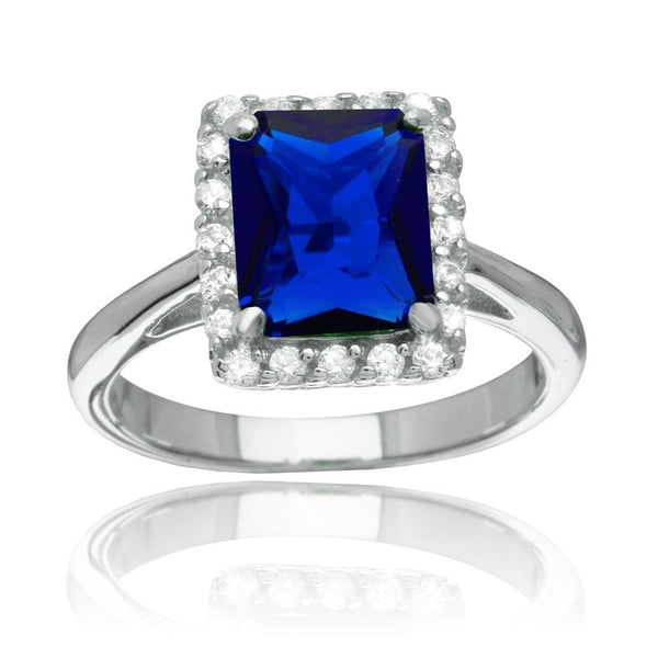 Silver 925 Rhodium Plated Square Blue CZ Halo Ring - BGR01113BLU | Silver Palace Inc.