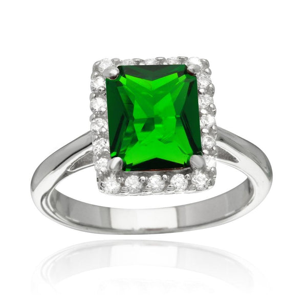 Silver 925 Rhodium Plated Square Green CZ Halo Ring - BGR01113GRN | Silver Palace Inc.