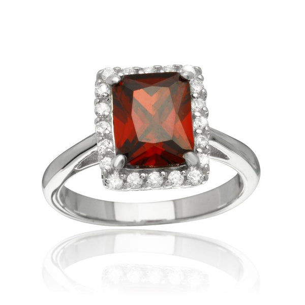 Silver 925 Rhodium Plated Square Red CZ Halo Ring - BGR01113RED | Silver Palace Inc.