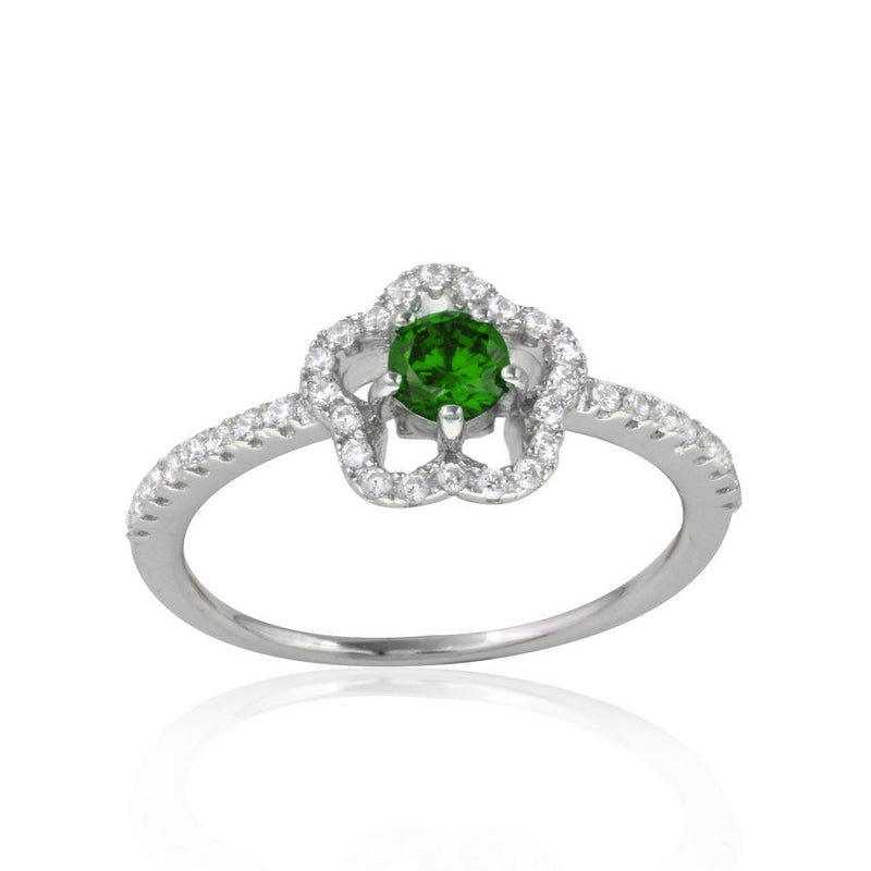 Silver 925 Rhodium Plated Clover Micropave Ring with Green Center CZ and Clear Round CZ - BGR01120GRN | Silver Palace Inc.