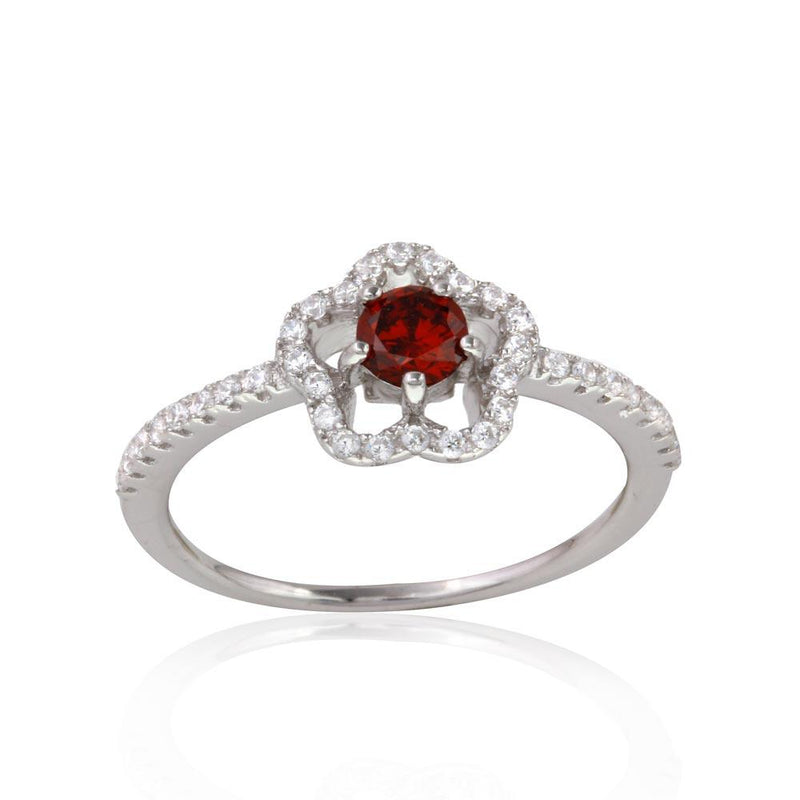 Silver 925 Rhodium Plated Clover Micropave Ring with Red Center CZ and Clear Round CZ - BGR01120RED | Silver Palace Inc.