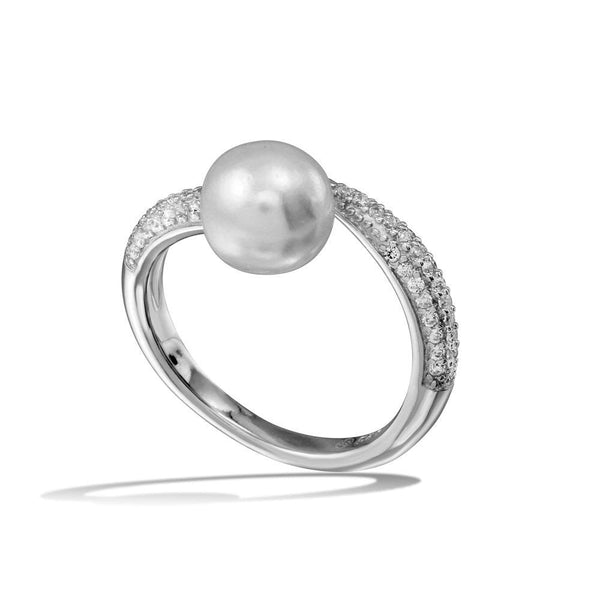 Silver 925 Rhodium Plated CZ Fresh Water Pearl Center Ring - BGR01124 | Silver Palace Inc.