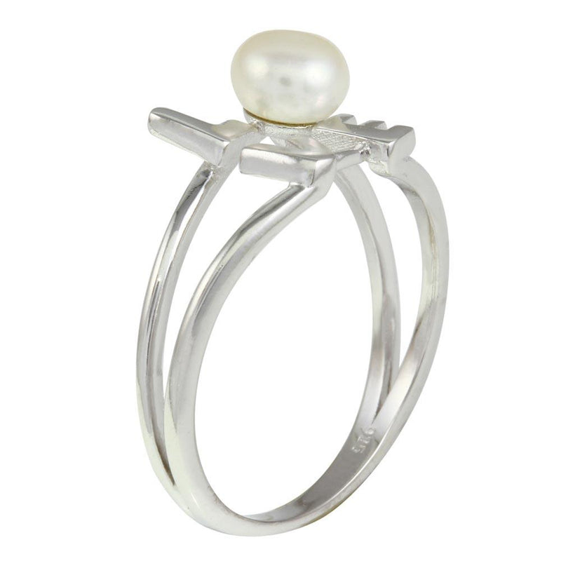 Rhodium Plated 925 Sterling Silver Love Word Ring with Synthetic Pearl - BGR01136