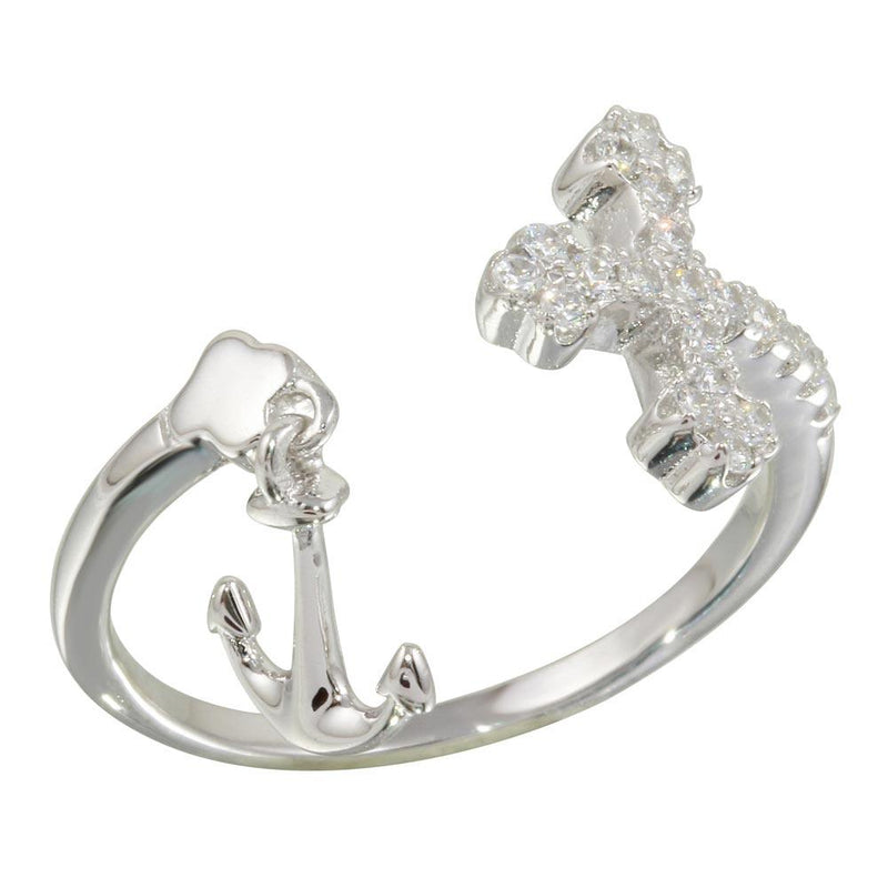 Silver 925 Rhodium Plated Open Cross and Anchor Ring with CZ - BGR01146 | Silver Palace Inc.