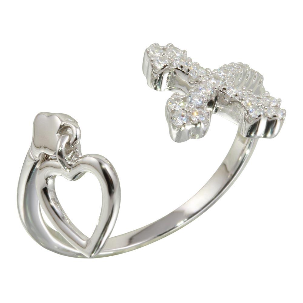 Silver 925 Rhodium Plated Open Heart and Cross Ring with CZ - BGR01147 | Silver Palace Inc.