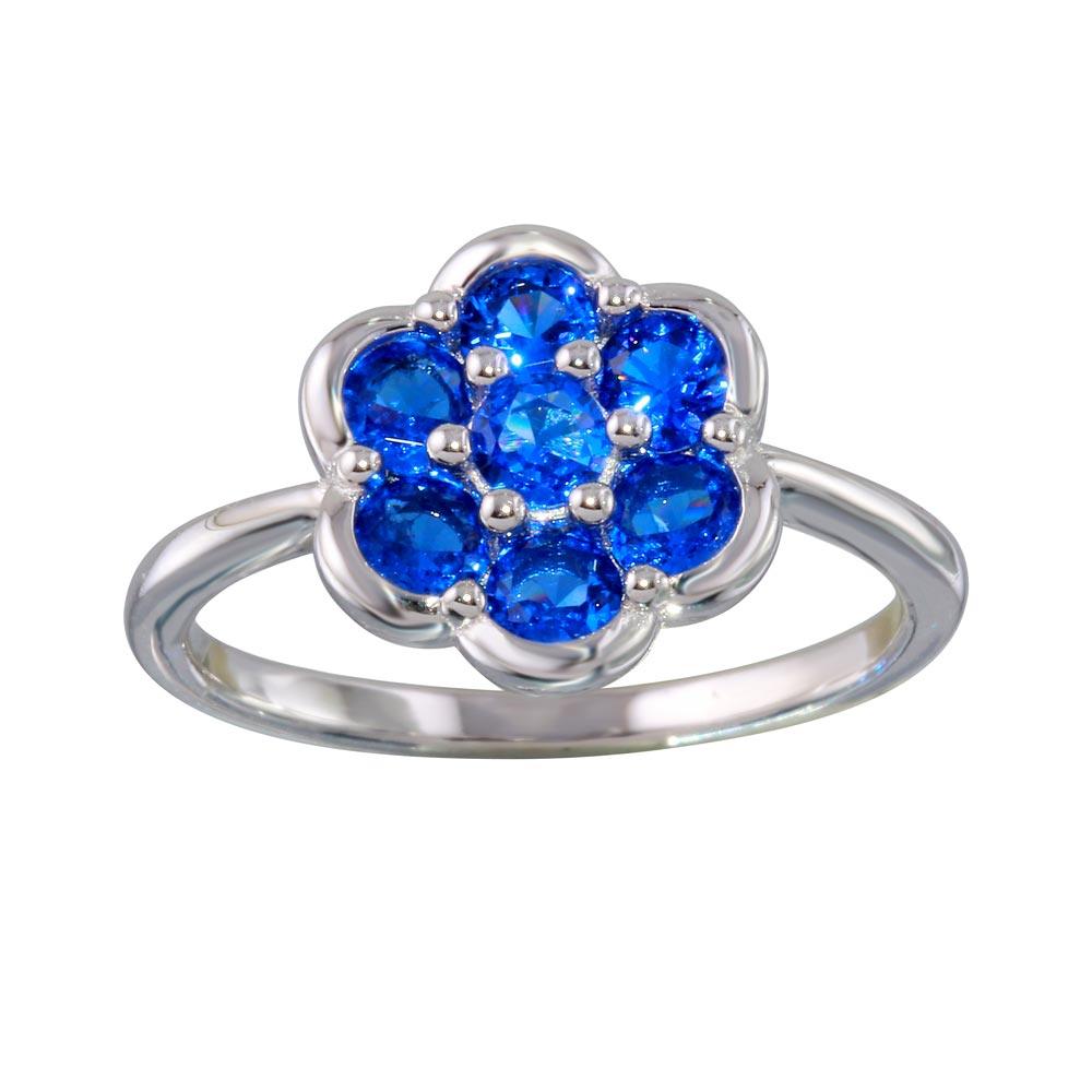 Silver 925 Rhodium Plated Blue CZ Flower Ring - BGR01152BLU | Silver Palace Inc.
