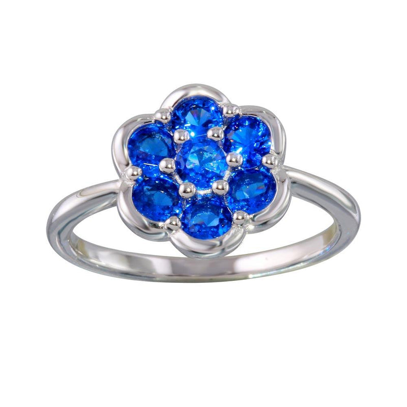 Silver 925 Rhodium Plated Blue CZ Flower Ring - BGR01152BLU | Silver Palace Inc.