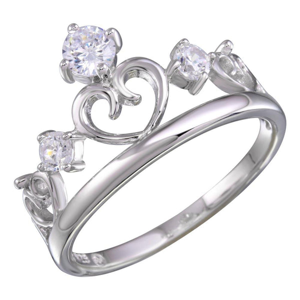 Silver 925 Rhodium Heart Crown Ring with CZ - BGR01157 | Silver Palace Inc.