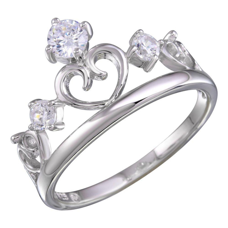 Silver 925 Rhodium Heart Crown Ring with CZ - BGR01157 | Silver Palace Inc.