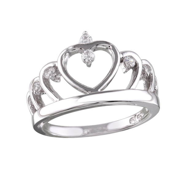 Silver 925 Rhodium Plated Heart Crown Ring with CZ - BGR01160 | Silver Palace Inc.